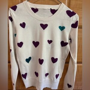 French Connection Heart Pattern Sweater Cream with Purple and Teal Hearts XS
